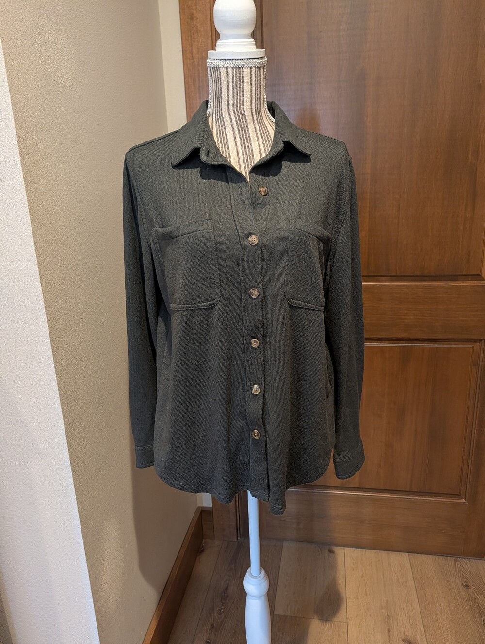 C & C California Classic Button-Up Long Sleeve Soft Knit Shirt in Dark Olive